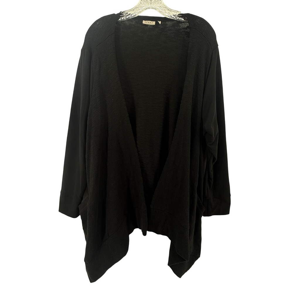 LOGO Lori Goldstein Black Open Front Cardigan Sharkbite Hem Pockets 2X Casual